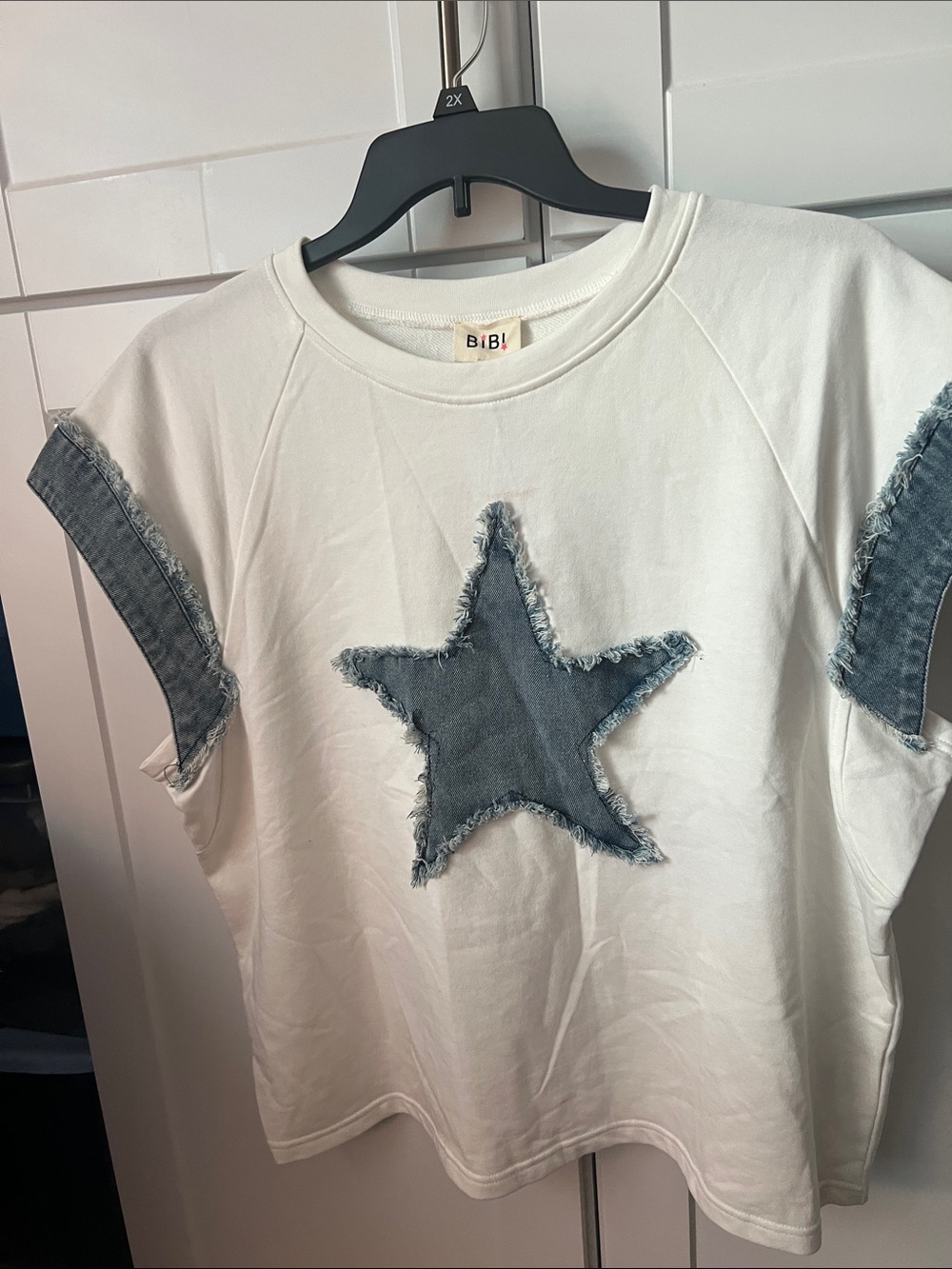 BiBi White Tee with Frayed Blue Star Appliqué